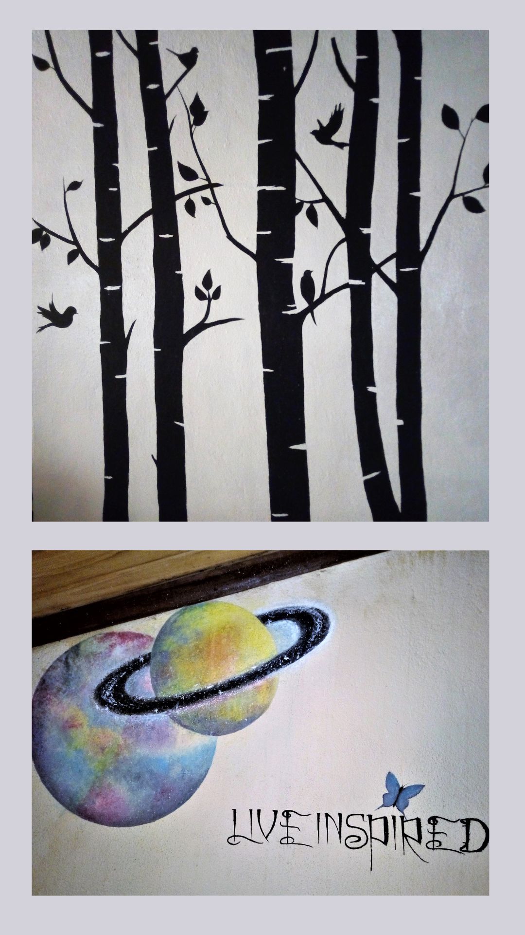 birds and trees white and black wall painting & galaxy wall painting made with gouache