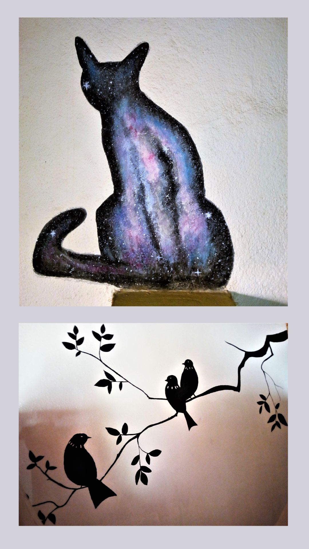 galaxy cat wall painting made with gouache & birds on a tree white and black wall painting 