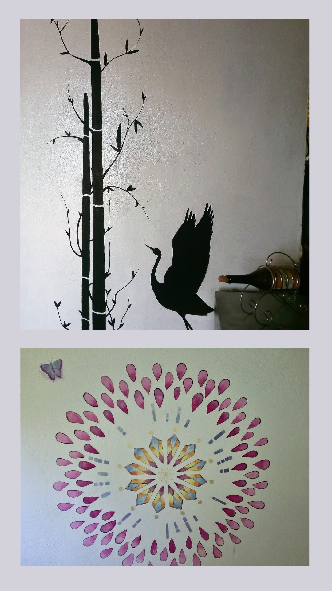 bamboo tree and heron, white and black wall painting & butterfly with a flower mandala wall painting made with gouache